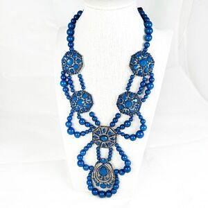 Vintage Saks Fifth Avenue Royal Blue Beaded Bib Statement Necklace Goldtone‎